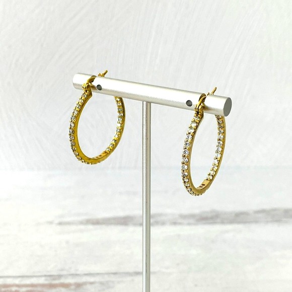Inside Out CZ Hoop Earrings Gold over Sterling Silver 1.25" 2mm Light n Elegant - Picture 3 of 5